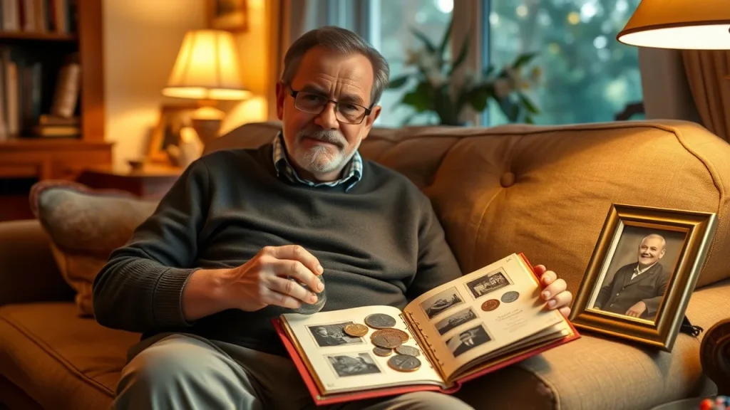 A homely atmosphere. A man is sitting on the couch and looking at an old album with coins. There's a picture of his grandfather on the table next to it