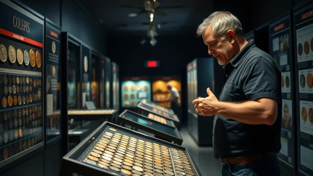 A small hall. A man walks through an exhibition of coins. He carefully examines the rack and chooses a coin